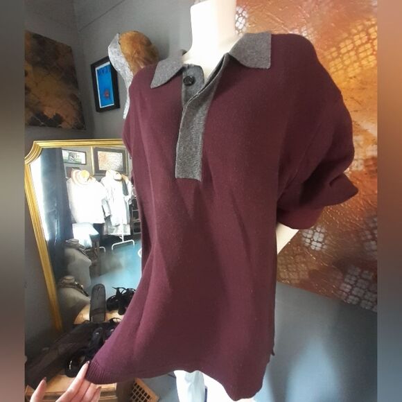 Zara Wool Blend Burgundy Polo Style Sweater with Gray Collar - Picture 13 of 14